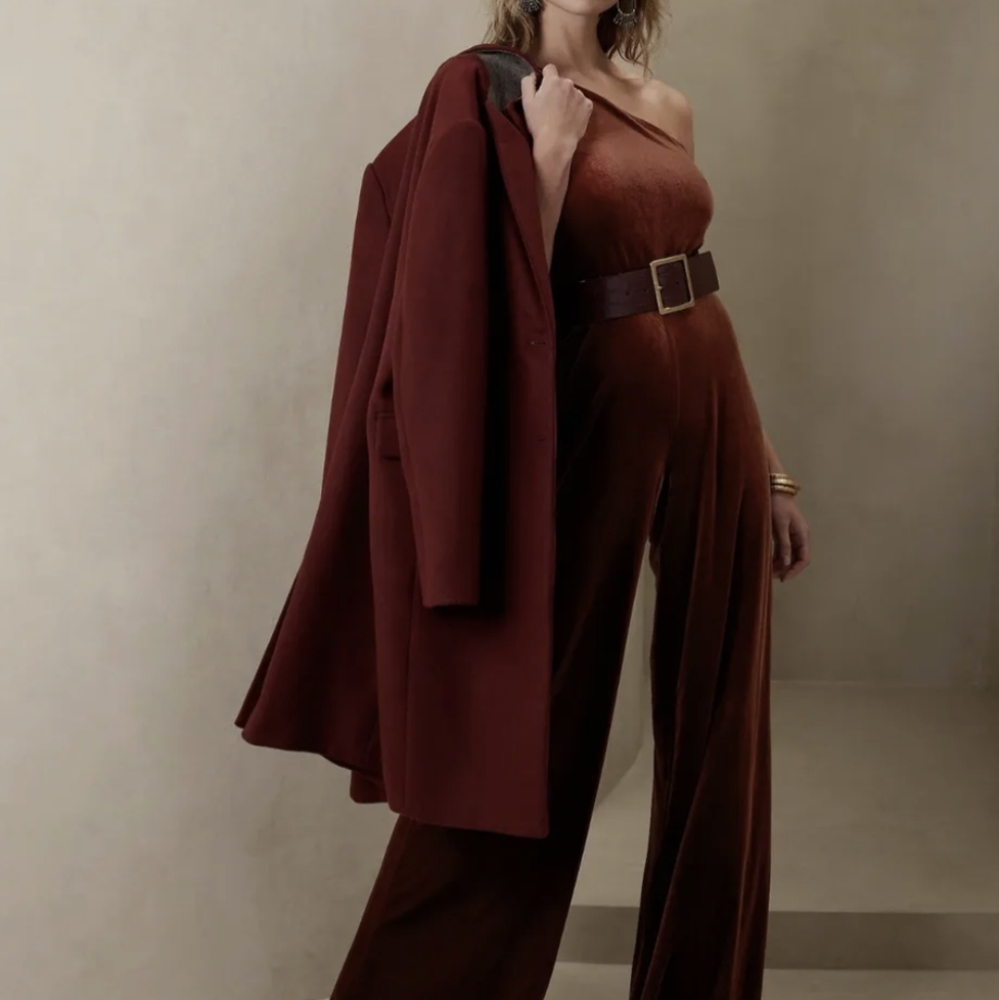 Banana Republic One-Shoulder Velvet Jumpsuit in Wine